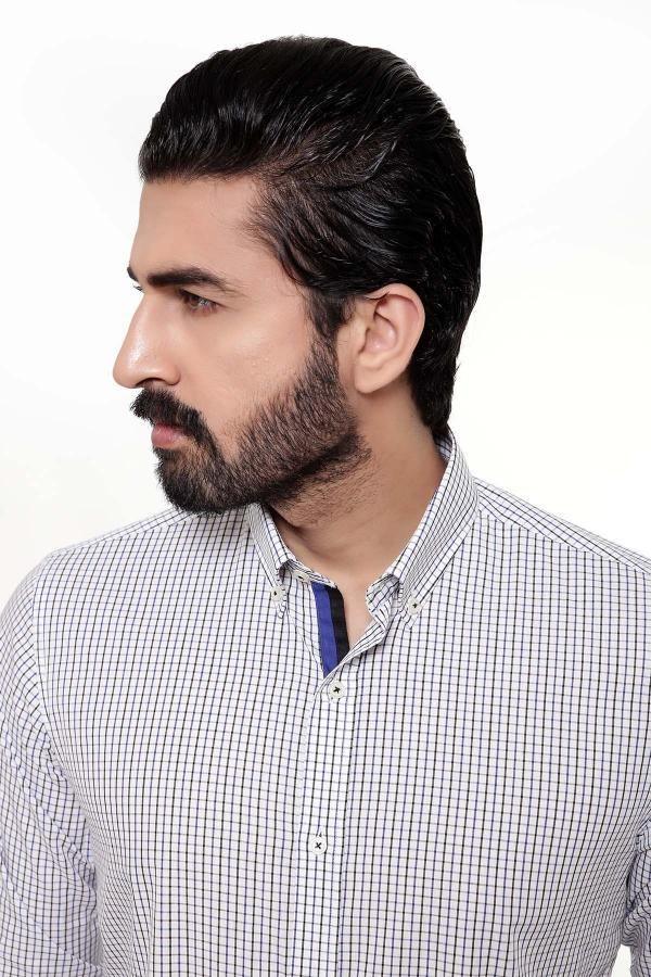 SEMI FORMAL SHIRTS BUTTON DOWN FULL SLEEVE BLUE WHITE CHECK - Image 3