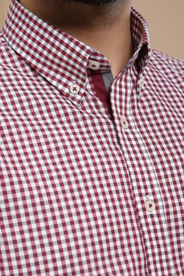 SEMI FORMAL SHIRT BUTTON DOWN FULL SLEEVE MAROON GREY - Image 3