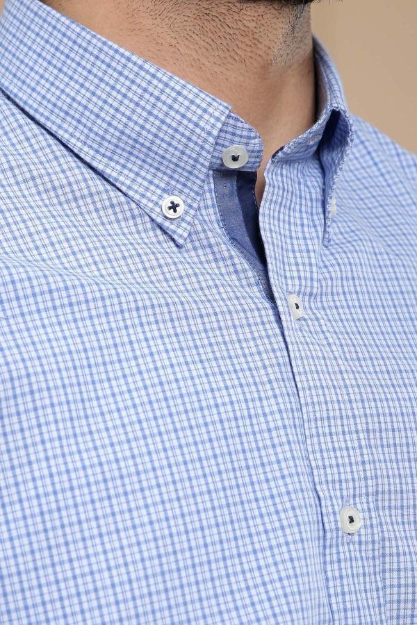 SEMI FORMAL SHIRT BUTTON DOWN FULL SLEEVE SKY BLUE CHECK - Image 3