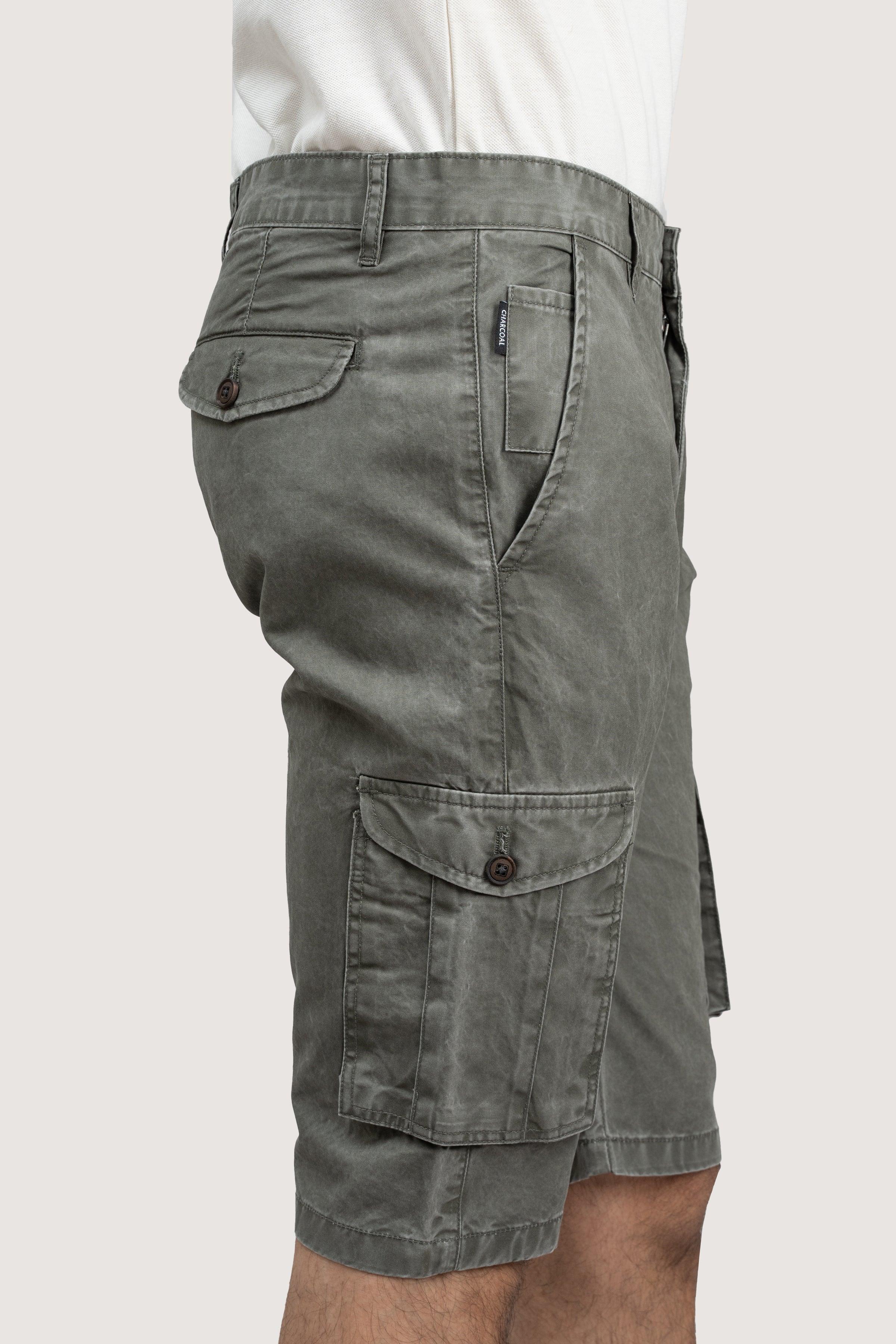 CARGO ENZYME WASHED REGULAR FIT OLIVE SHORTS - Image 3