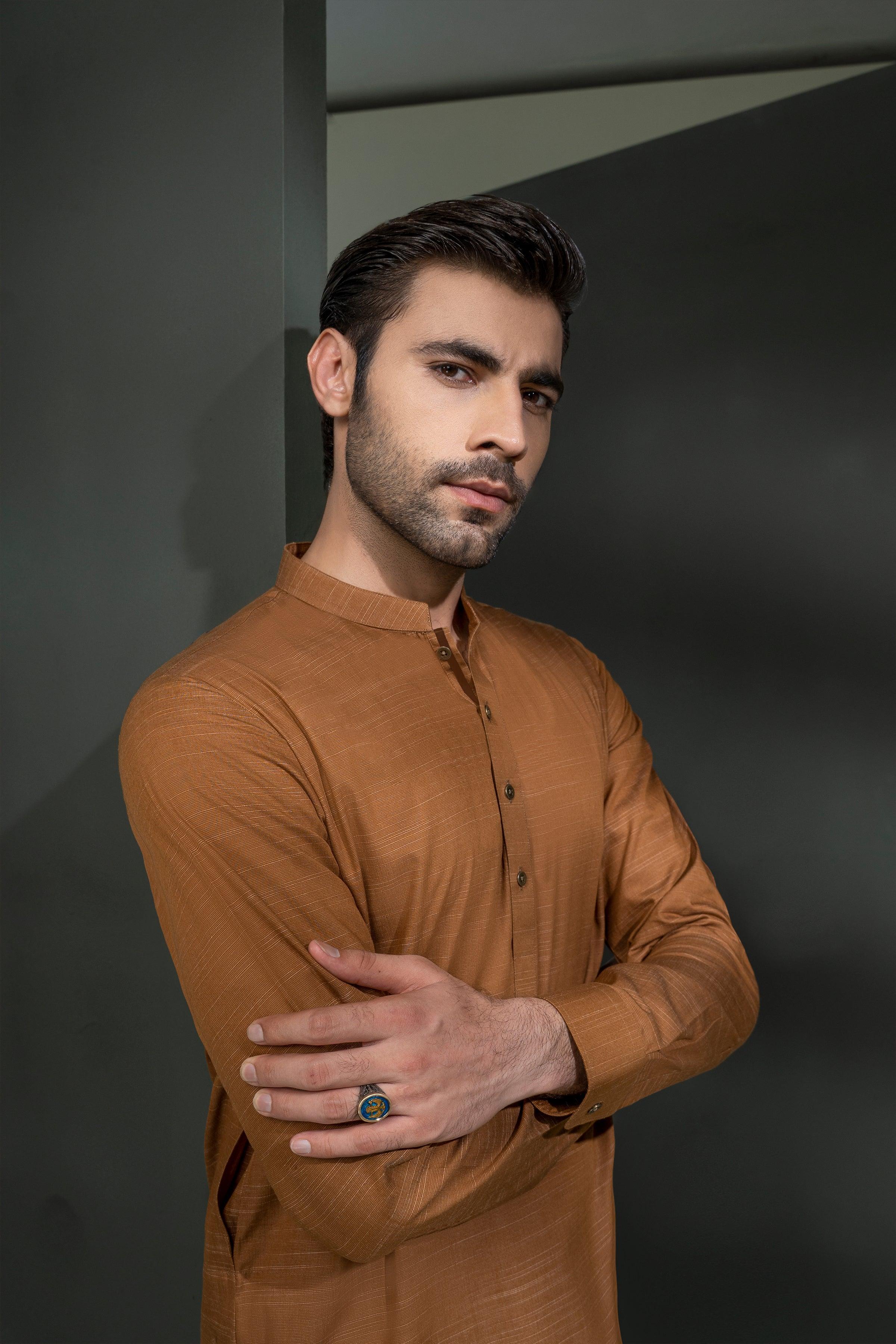 EXQUISITE TEXTURED KURTA PAJAMA MUSTARD - Image 3