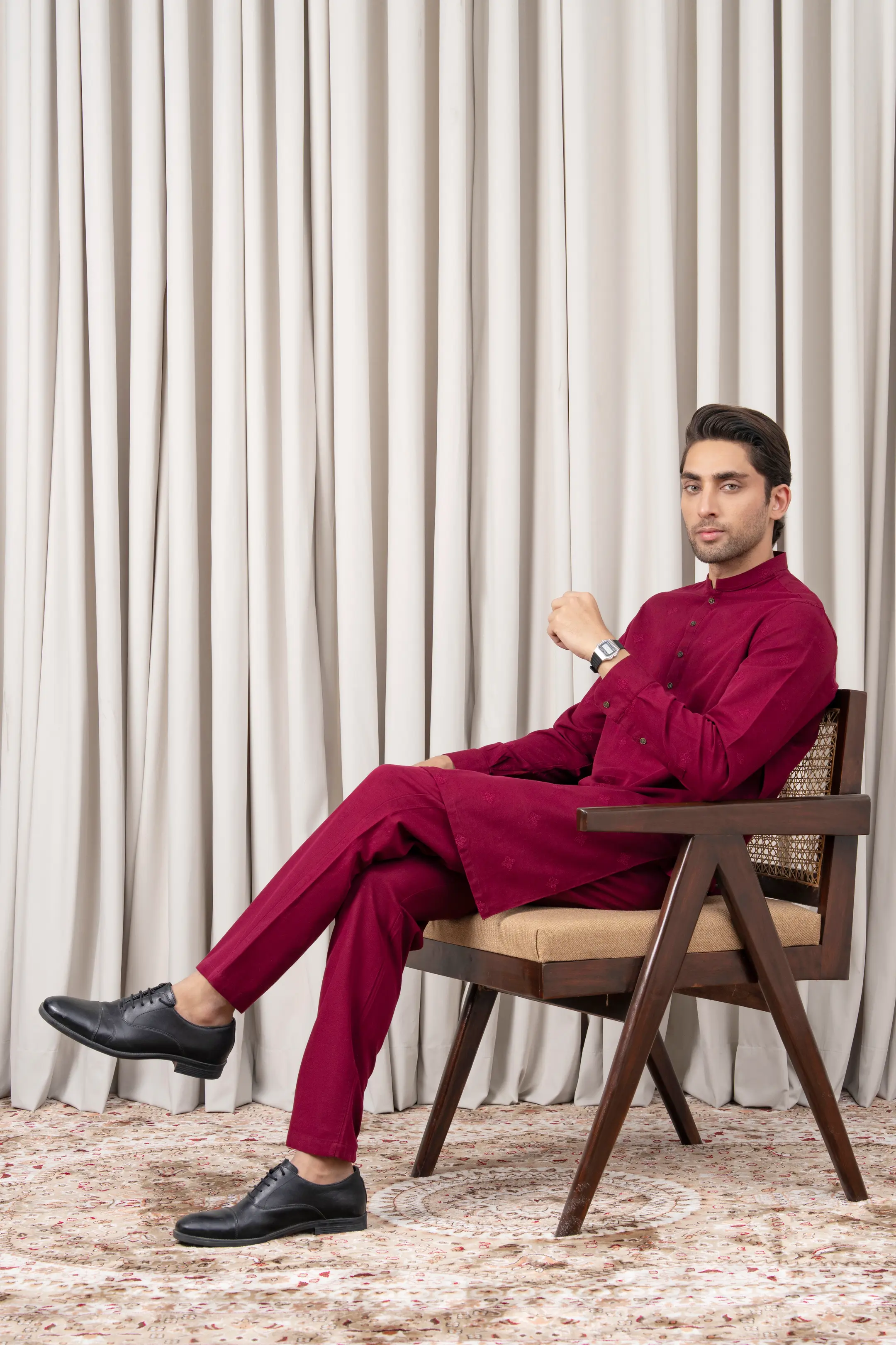 SPRAY EMBROIDERED KURTA PAJAMA - PREMIUM COLLECTION MAROON - Image 4