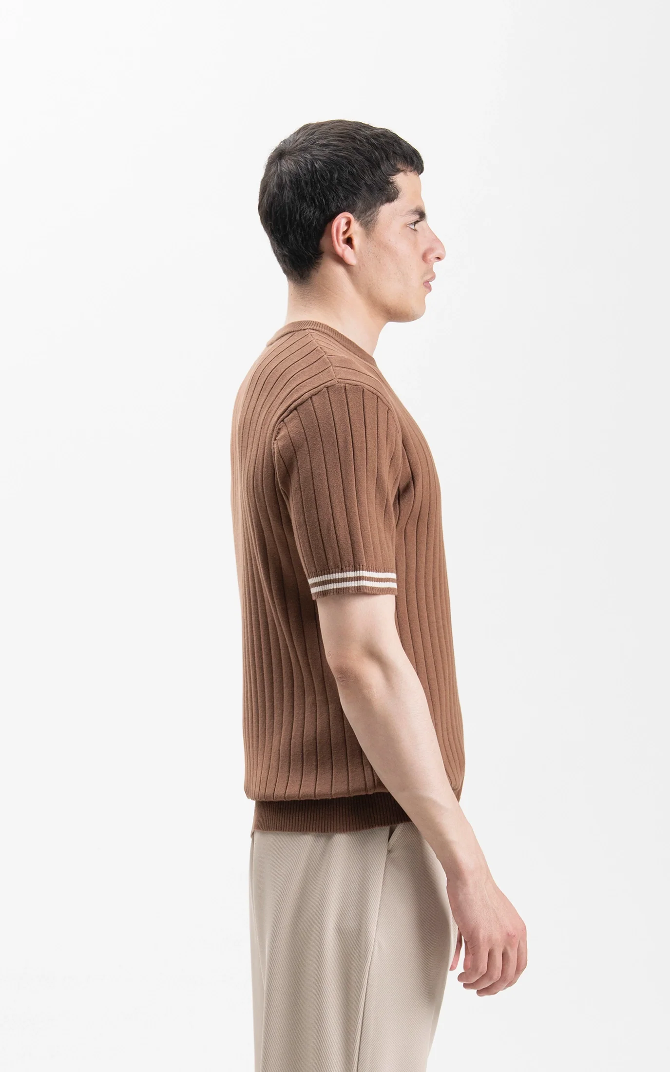 SWEATER KNIT SELF STRIPED CREW  NECK T SHIRT BROWN - Image 6
