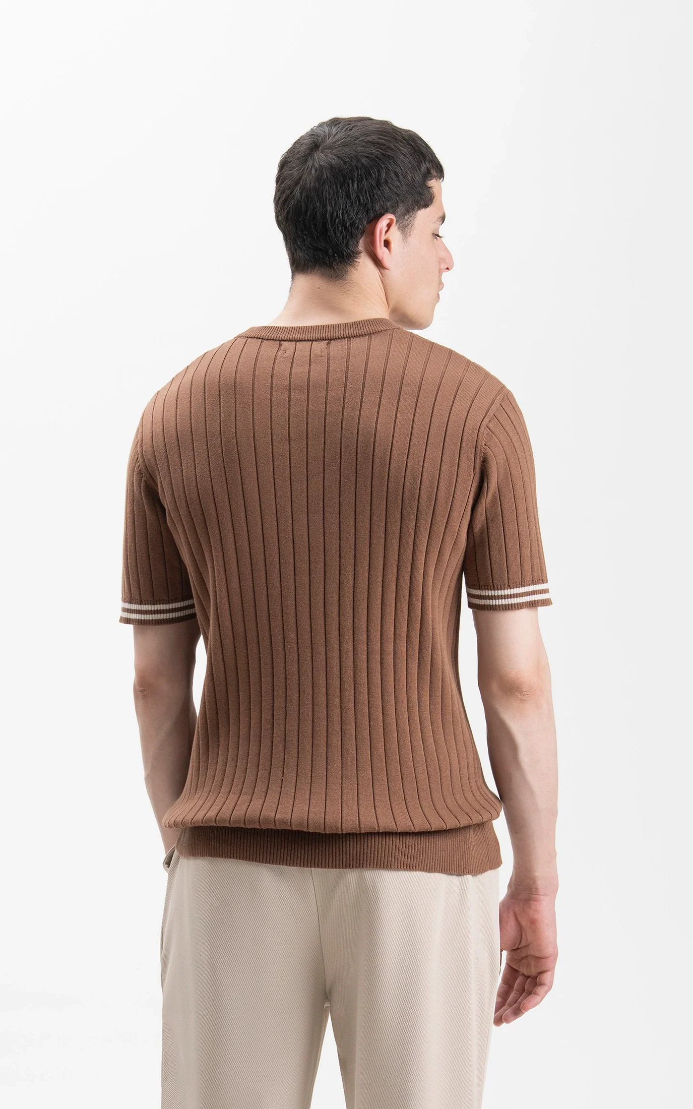 SWEATER KNIT SELF STRIPED CREW  NECK T SHIRT BROWN - Image 7