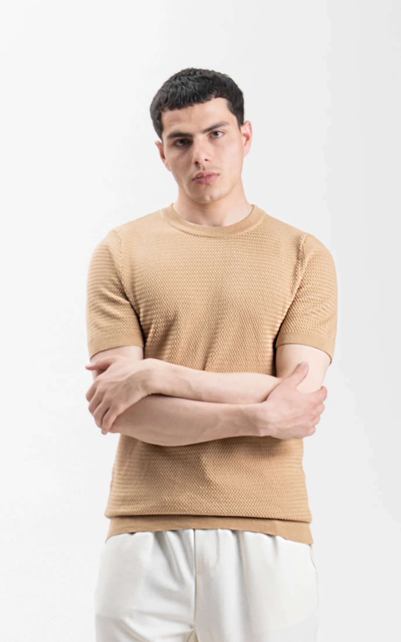SWEATER KNIT SELF TEXTURED CREW NECK T SHIRT KHAKI - Image 3