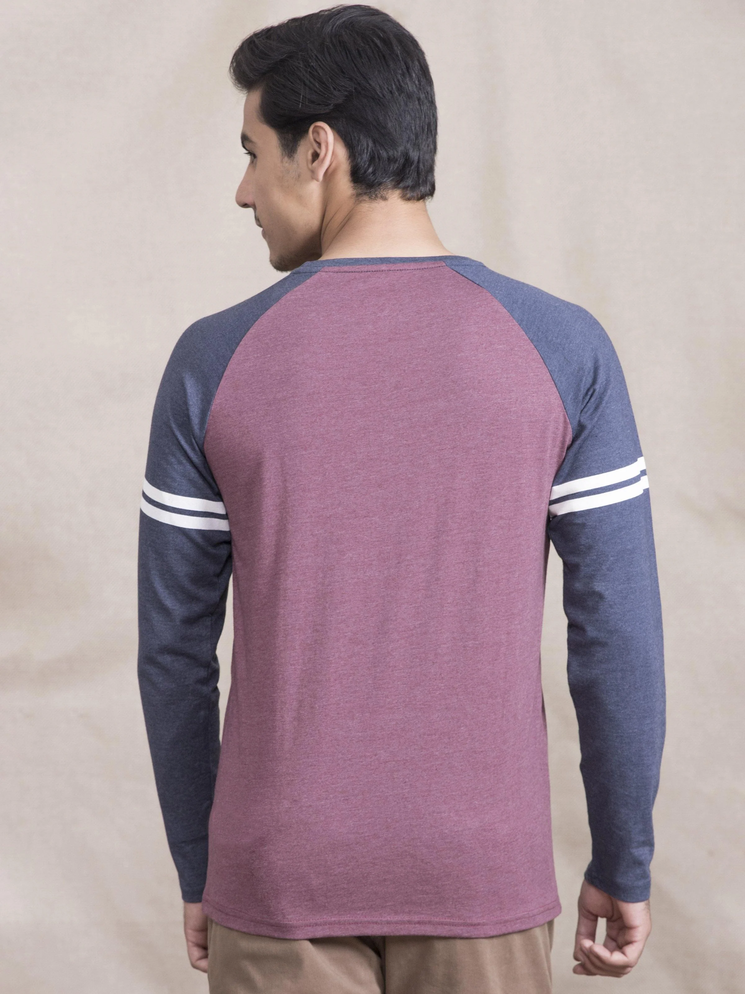 T SHIRT RAGLAN ROUND NECK FULL SLEEVE MAHROON NAVY - Image 3
